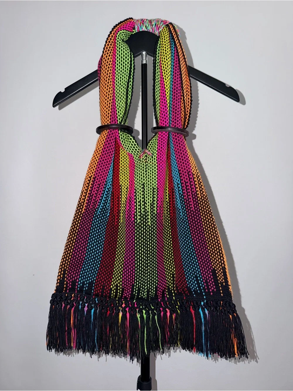 Neon Multicolor Striped Fringe Hobo Bag